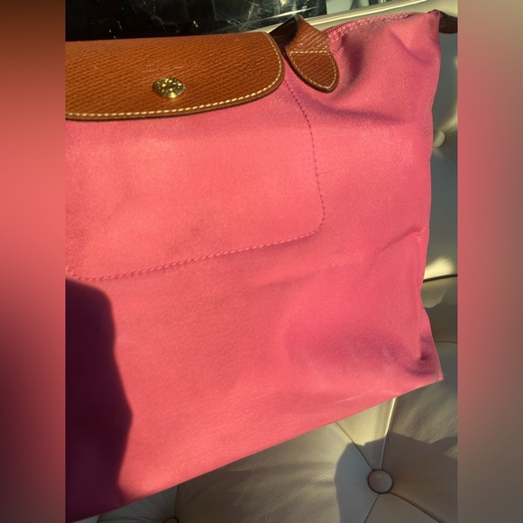 Longchamp Le Pliage Original Medium Tote Hot Pink Magenta Nylon Brown Leather - Picture 2 of 16
